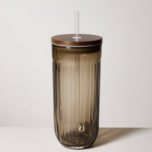 Hearth & Hand Other - Hearth and Hand Fluted Glass Tumbler Wood Lid Brown 21oz Target Fall
